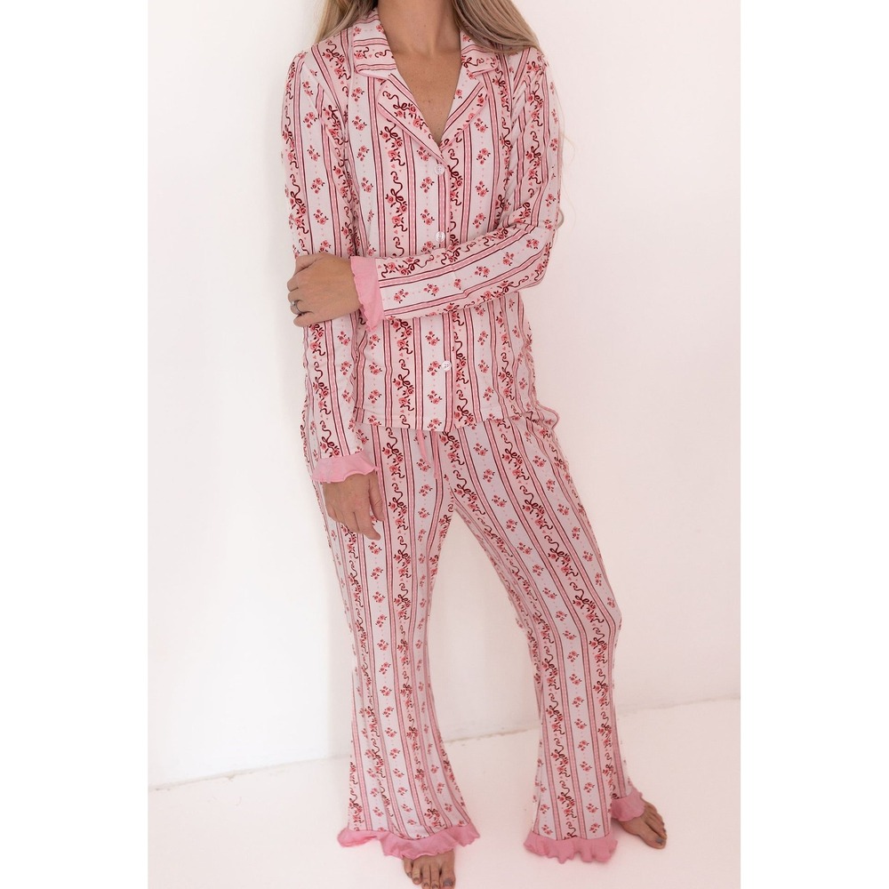 Jammers Bamboo Viscose Pajama Set Pink Floral Stripe Ruffle Flare XS ff